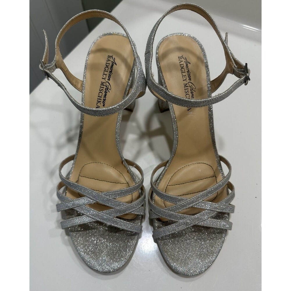 American Glamour Badgley Mischka Sparkly Silver Strappy Heels Shoes Size 6